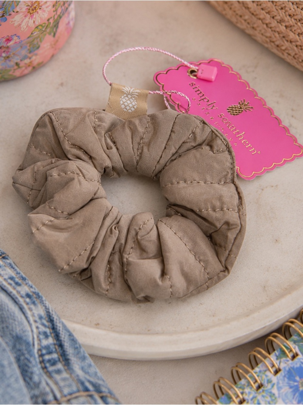 Simply Southern The Puff Quilted Tan Puffer Scrunchie NWT